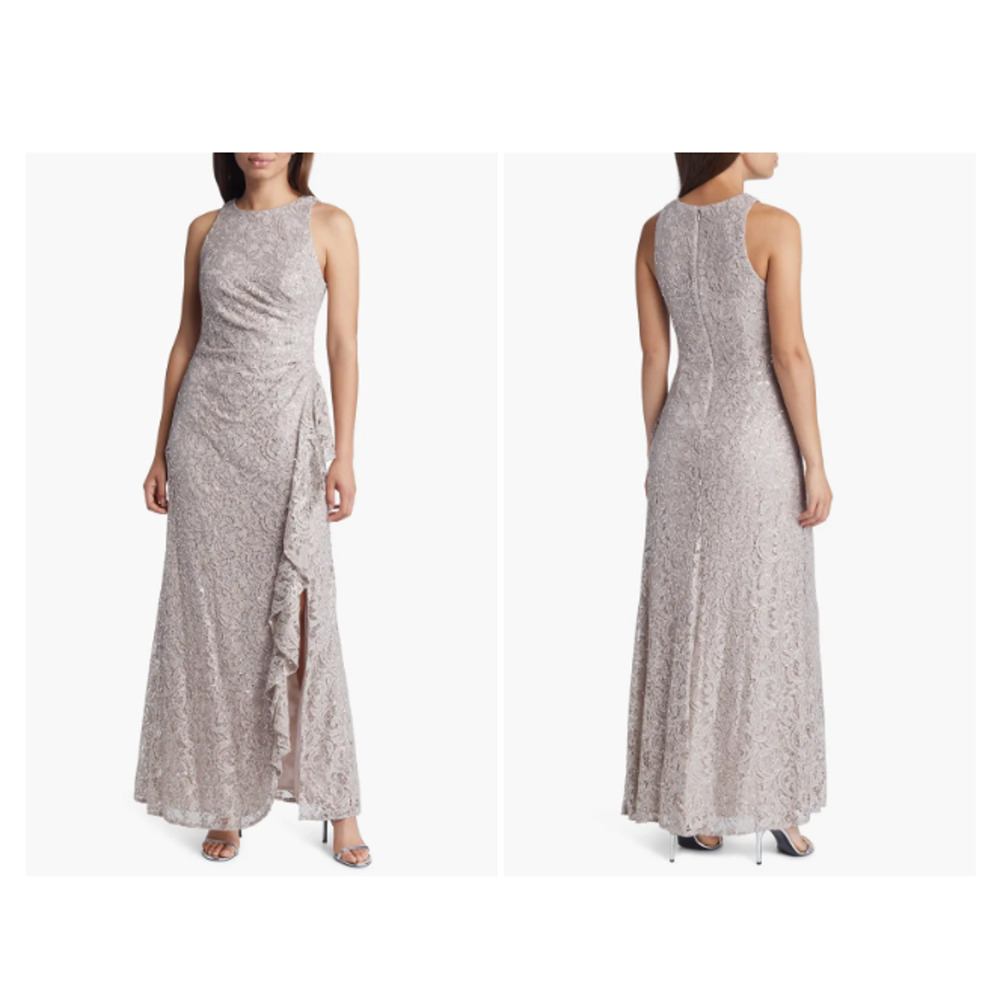 Alex Evenings Mother of Bride Ruffle Sequin Lace Gown in Buff 4 NEW